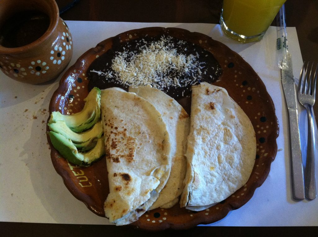 quesadillas with a side of beans- an inexpensive meatless meal idea