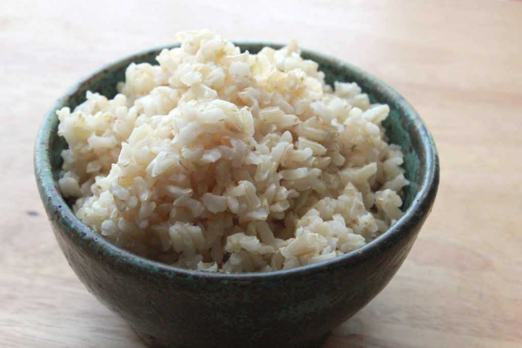 Cooked brown rice in a bowl