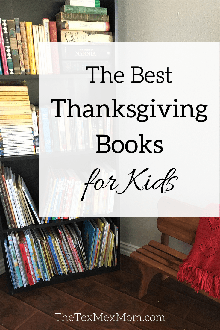 Picture of bookshelf with caption "The Best Thanksgiving Books for Kids"