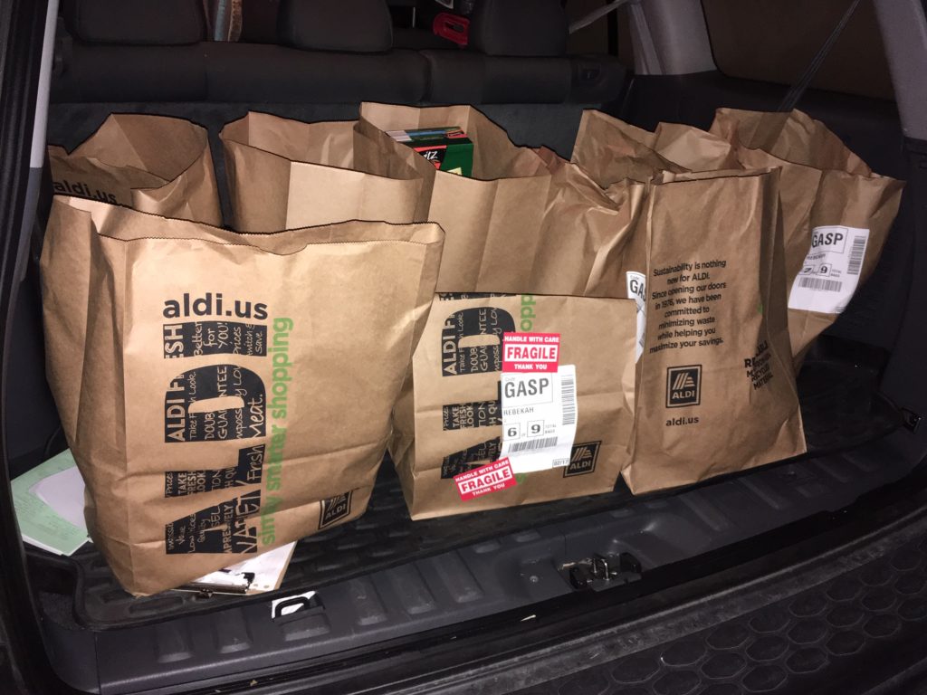 grocery pickup from ALDI, in paper bags