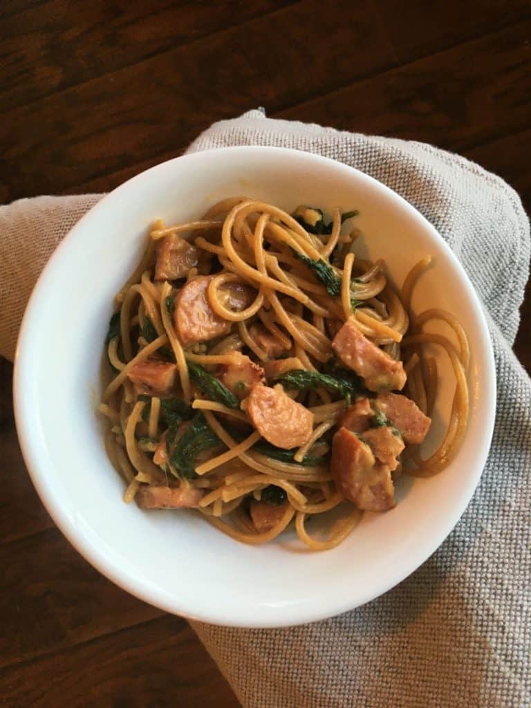 Sausage and Spaghetti Pasta in a white bowl