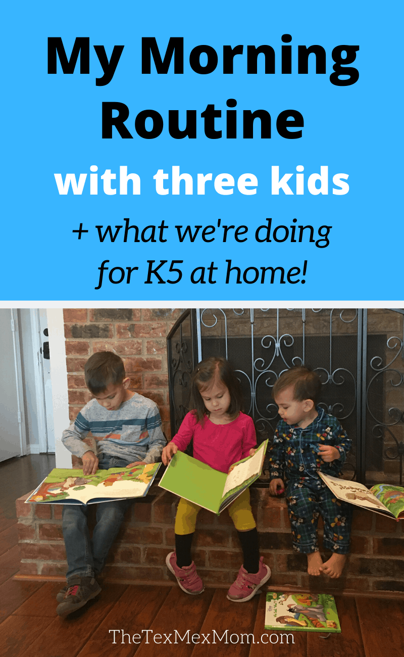 My morning routine with three kids - [image of three children looking at books]