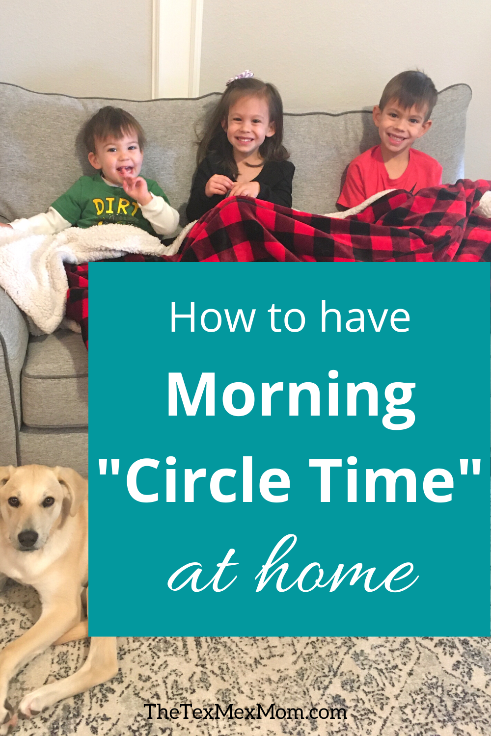 3 kids on the couch, ready for morning circle time at home