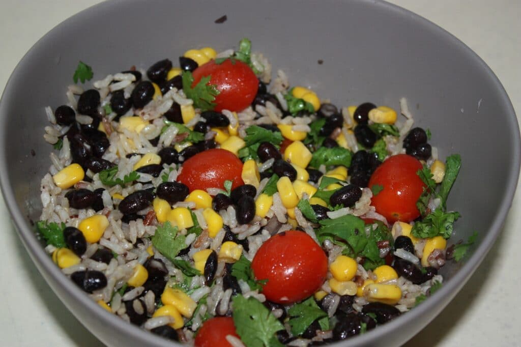 a bowl of beans and rice - an inexpensive meatless meal idea