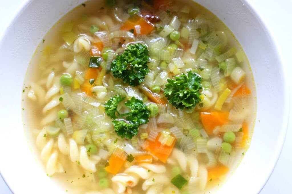 a bowl of vegetable soup - an inexpensive meatless meal idea