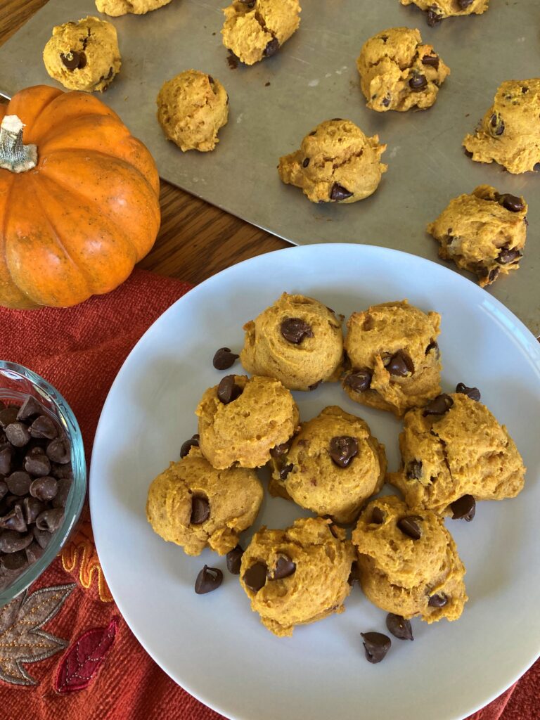 Egg-free pumpkin chocolate chip cookies on a white plate