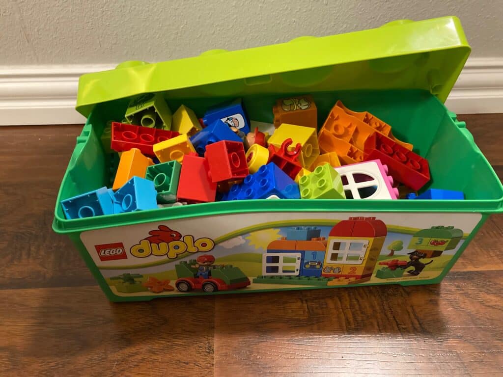 box of duplos, purchased second hand
