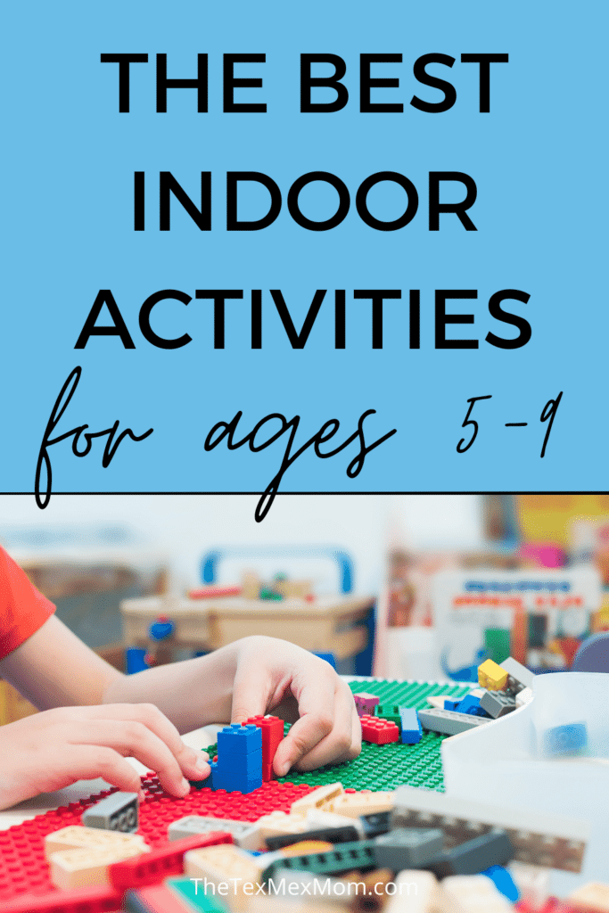 child playing with legos with text "indoor activities for ages 5-9"