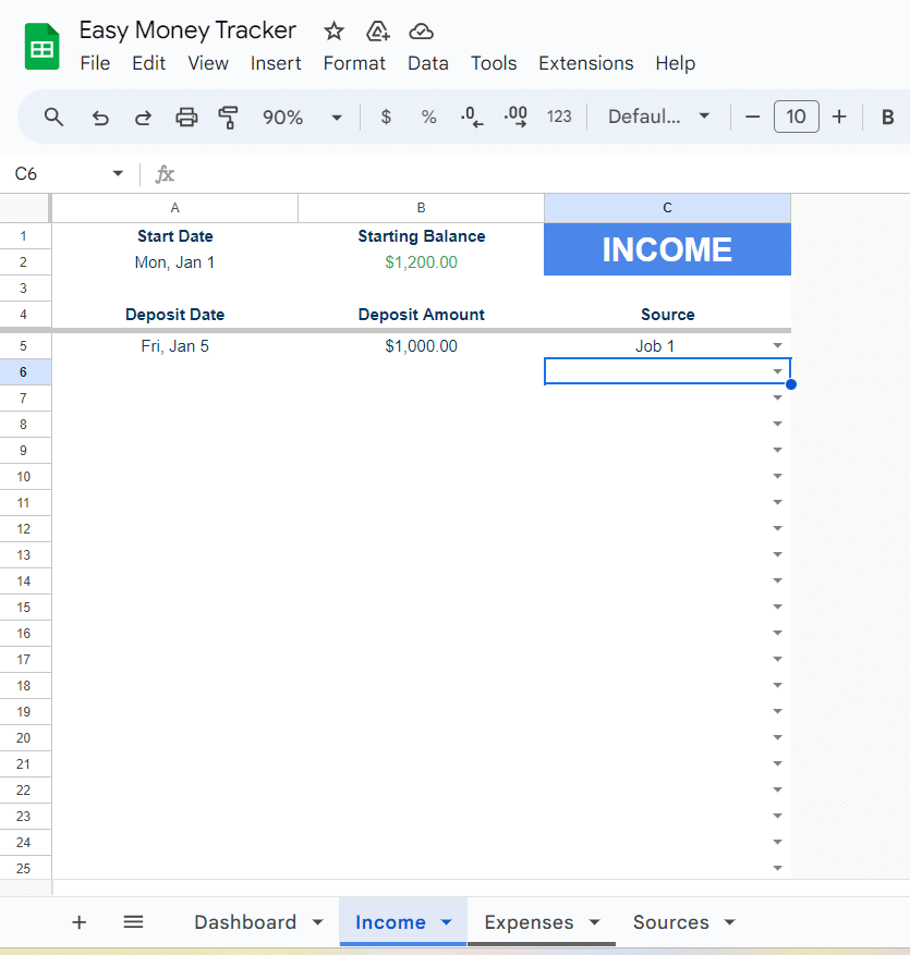 Google spreadsheet example income tracker