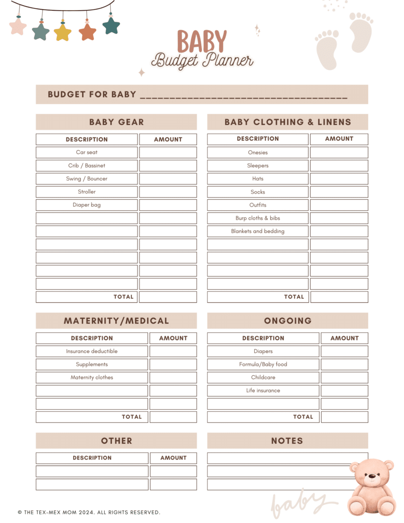 Baby budget planner printable PDF